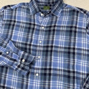 Sid‎ Mashburn Linen Shirt Men's Large Blue Plaid Button Front Long Sleeve Casual
